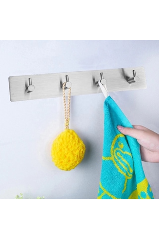 Askılık Yapışkanlı Dikdörtgen Çubuklu 4 Kancalı Krom Çok Renkli