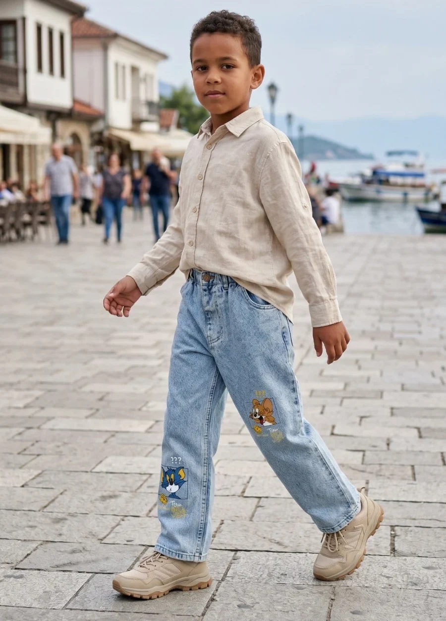 Kaizer Jeans Buz Mavi Tom Desenli Çocuk Pantolonu
