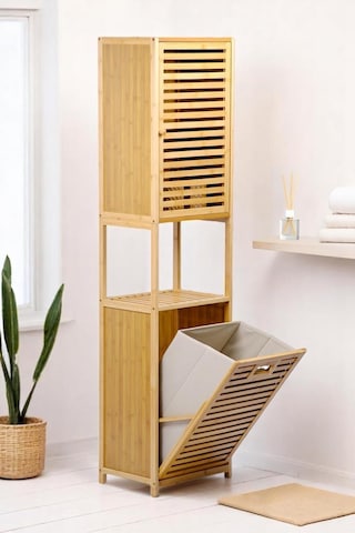 Digithome Bambu Kirli Sepetli 1 Raflı Kapaklı Banyo Dolabı Banyo Düzenleyici Çamaşır Sepeti Organizer Db-0010 Kahverengi