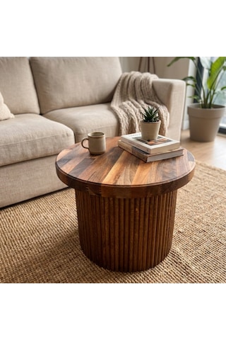 Masif Ceviz Ahşap Orta Sehpa Yuvarlak Salon Sehpası El Yapımı Fluted Tasarım 50x35 Cm