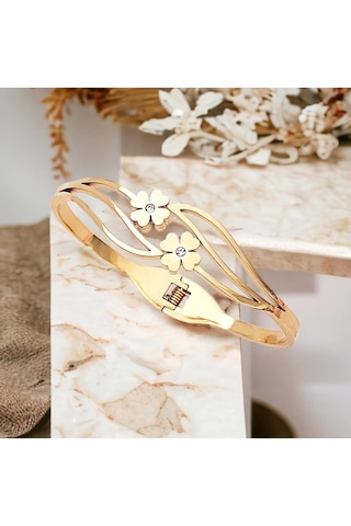 Yonca Temalı Kararmaz Anti Alerjik Gold Çelik Kelepçe Bileklik Şıklığınıza Şans Katın Altın