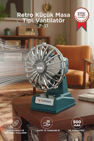 Delux Serisi Şarjlı Masaüstü Vantilatör Retro Tasarım F51 Mavi Çalışma Cihaz Mini