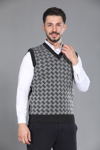 Kzc Tekstil Erkek Baba Ve Orta Yaş Desenli Akrilik Kalın Dokulu V Yaka Triko Süveter Antrasit