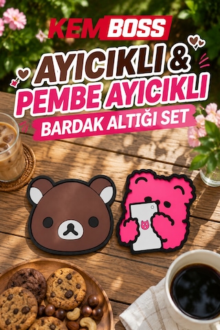 Kemboss Ayıcık Ve Pembe Ayıcıklı Bardak Altlığı Seti 4'lü - Pvc Kaydırmaz Bardak Altlığı 2 Ayıcık + 2 Pembe Ayıcıklı Çok Renkli