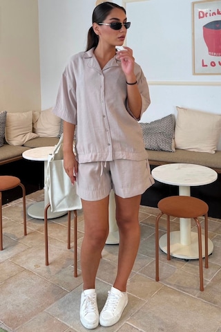 Madmext Bej Kısa Kollu Modal Gömlek Şort Takım Mg2739