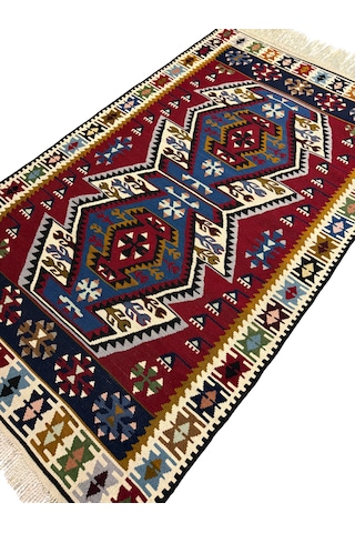 El Dokuma Sıfır Yahyalı Kilim 100x165 Kırmızı Mavi %100 Yün Kök Boya Mavi