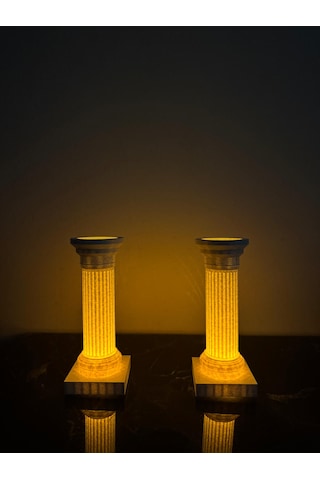 2'li Roma Sütunu Mumluk 15 Cm Mermer Görünümlü Led Tealight Dekor Seti