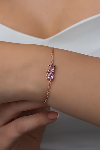 Nereze 925 Ayar Gümüş Pembe Taşlı Kedi Bileklik