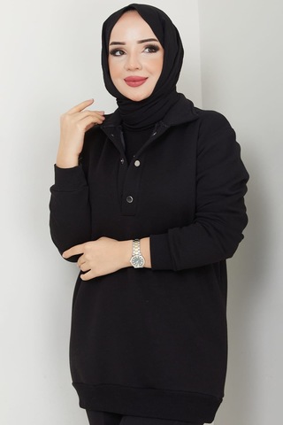 Esilanur Çıkarılabilir Kapüşonlu 3 İplik Şardonlu Sweatshirt Siyah
