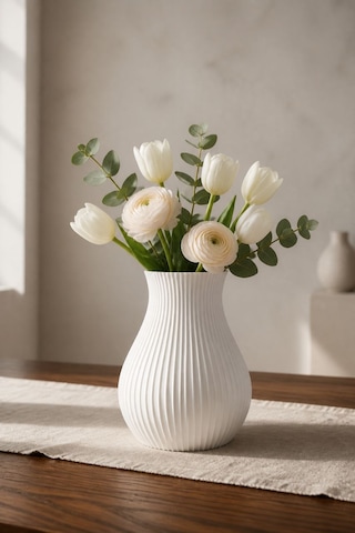 Modern Çizgili Dekoratif Vazo Minimalist 3d Baskı Beyaz Masaüstü Vazo