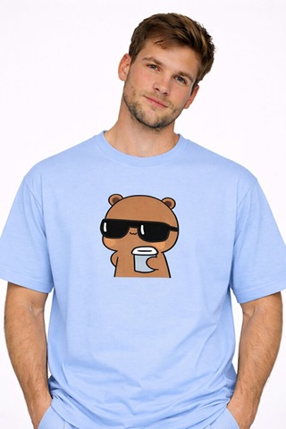 Sevgili Kombini Panda Bardak Baskılı Çift Tişört Oversize Unisex Mavi