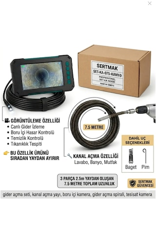 Sert Gider Açma Seti 7,5 Metre Yay + 10 Metre Boru İçi Kamera Görüntüleme Ve Tıkanıklık Açma Seti Sert Gider Açma Seti 7,5 Metre Yay + 10 Metre Boru İçi Kamera Görüntüleme Ve Tıkanıklık Açma Seti