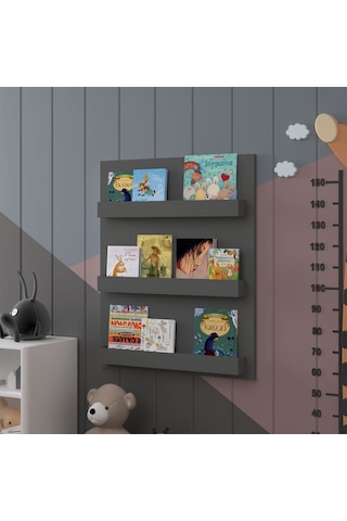 Asra Trend Çocuk Odası Duvar Rafı Kitaplık ÇR-02 %100 MDF Montessori Tipi Raf Antrasit