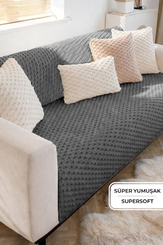 Soft Kürklü Koltuk Örtüsü 170x215 Cm Yumuşak Peluş Kaymaz Taban Kanepe Örtüsü Antrasit