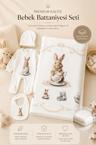 Sitilin Kız Erkek Bebek Atelier Premium 4'lü Hastane Çıkışı Seti Dolgulu Battaniyeli Yenidoğan Seti Stl7175 Beyaz
