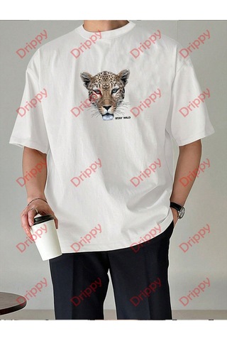 Flood Of Style Leopar Stay Wild Baskılı Oversize Unisex Yıkamalı Tshirt Beyaz