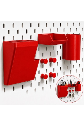 Pegboard Duvar Düzenleyici Organizer Seti Kalemlik, Çok Amaçlı Kutu, Mini Raf Ve Askılık Modüllü Modüler Duvar Organizasyon Sistemi Kırmızı