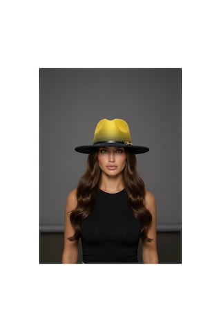 Gigi Luxe Özel Tasarım Fedora Fötr Şapka Ayarlanabilir Gold Aksesuarlı Kovboy Fötr Sarı Sarı