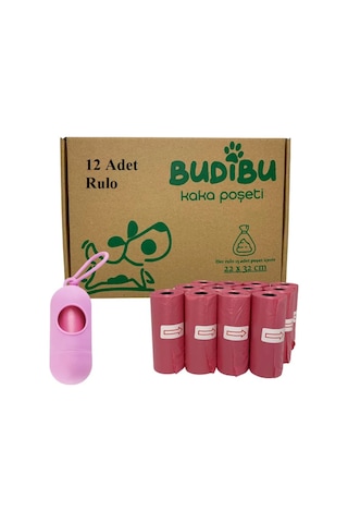 Budibu Köpek Kaka Poşeti Dışkı Torbası12 Rulo + Taşıma Çantası Pembe
