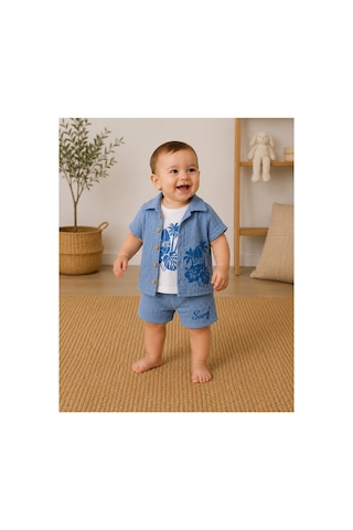 The Two Erkek Bebek Mavi Surf Desenli Müslin 3'lügömlek Tshirt Şortlu Takım 12-24 Ay