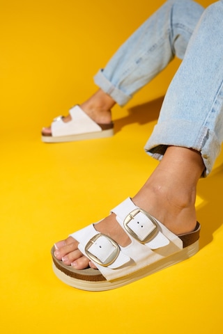 Harbor Beyaz Süet Çift Bantlı Hakiki Deri Kadın Kalın Tabanlı Terlik Beyaz