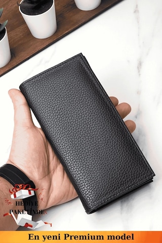 Telefon Bölmeli Unisex Siyah Cüzdan Mıknatıslı Ve El Bantlı Büyük Paraportföy El Çantası Siyah