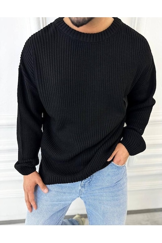 Kazak Oversize Çift Kat Örme Naturel Pamuk Bol Kesim Tüylenmeyen Salaş Triko Kazak Siyah