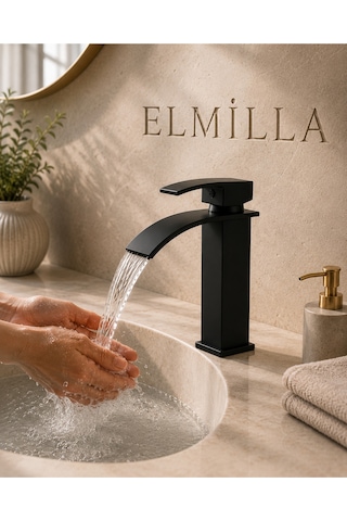 Lüx Premium Mat Siyah Şelale Lavabo Bataryası Çift Su Girişli Modern Tasarım Batarya