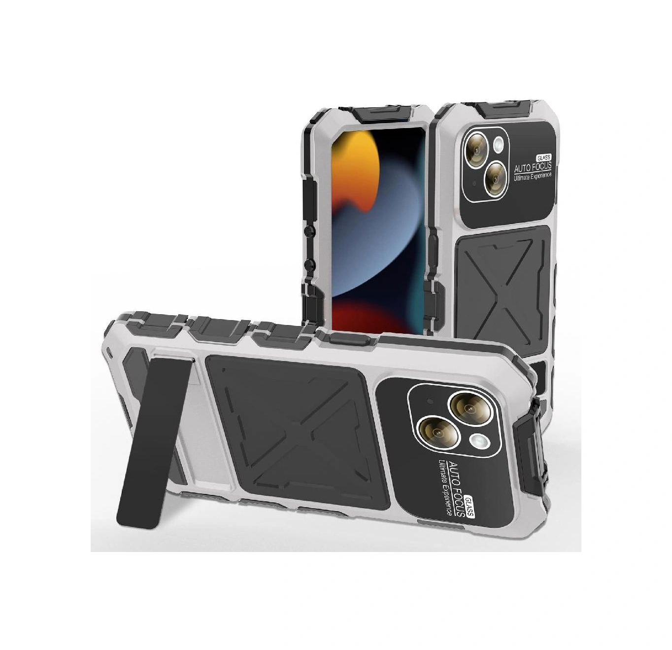 İphone 15 Plus İçin Metal Standlı Telefon Kılıfı Düşmeye Dayanıklı Kasa Şok Emici Silikonlu Destekleyici Koruma