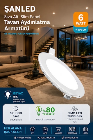 6w Tasarruflu Led Yuvarlak Beyaz Işık Sıva Altı Slim Panel Tavan Aydınlatma Armatürü