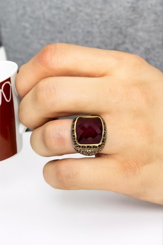 925 Ayar Gümüş Fasetli Ruby Taşlı Erkek Yüzük-8505 Gümüş