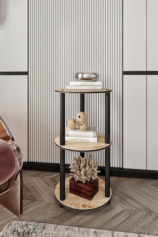 3 Katlı Dekoratif Yuvarlak Kitaplık Meşe Meşe