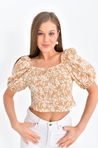 Kadın Çiçek Desenli Gipe Detay Balon Kol Crop Bluz CAMEL