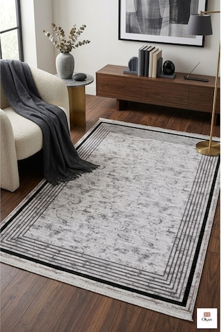 Luxury Living Collection: Vizon Pudra Mermer Dokulu Madalyon Salon Halısı Gri