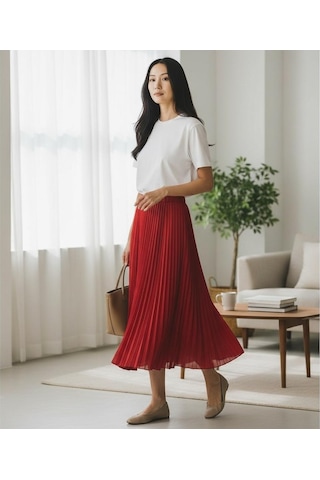 Eren Style Pileli Beli Lastikli Şifon Etek 95 Cm - 38-50 Kırmızı