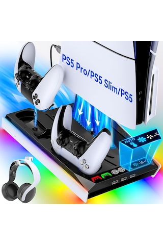 Ps5/slim/pro Stand, Otomatik Ayarlanabilir 3 Seviyeli Soğutma Fanı, 9 Rgb Işıklı Ps5 Soğutma İstasyonu Ve Çift