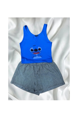 Pazarız Pembecin Şortlu Pijama Takımı Babydol İp Askılı Yazlık Pamuklu Kolsuz Mavi Gri Ayıcık Mavi