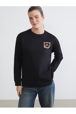 Lcw Comfort Siyah Baskılı Oversize Kadın Kalın Sweatshirt