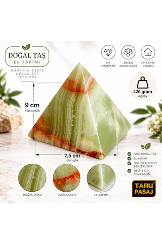 Yeşil Oniks Doğal Taş Piramit 3 İnç 9x7,5 Cm El Yapımı Özgün Dekoratif Feng Shui Objesi