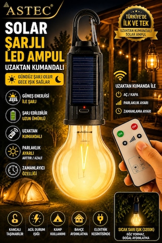 Astec Taşınabilir Solar Şarjlı Led Ampul Uzaktan Kumandalı Type-c Outdoor Kamp Bahçe Lambası Askılı Karabinalı Sarı