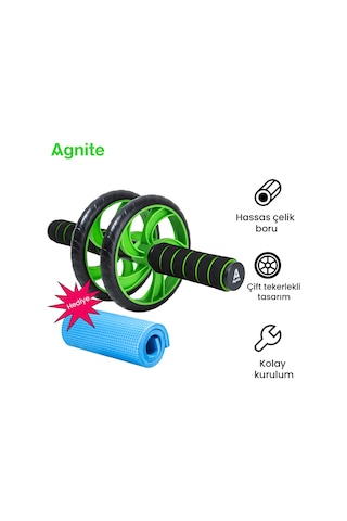 Agnıte Çift Tekerlekli Karın Egzersiz Tekerleği Diz Pedli Fitness Yeşil Siyah