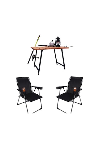 Alin Metal Kamp Sandalyesi 2''li Lüks Bardaklı Kamp Sandalyesi Ve Masa Set Puy-01 Siyah Siyah
