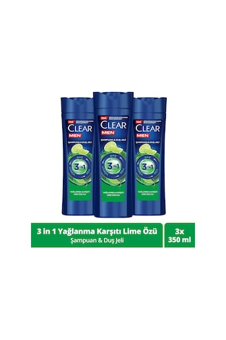 Clear Men Lime Özü Yağlanma Karşıtı 3 in 1 Şampuan ve Duş Jeli 3 x 350 ML