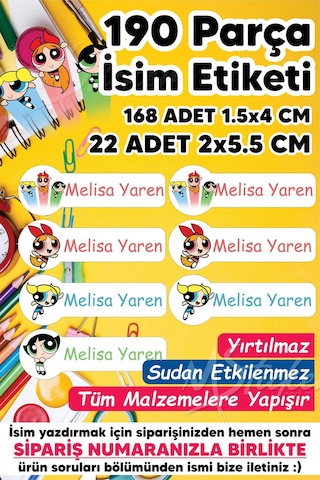 Okul Etiketi Kalem Defter Etiketi Powerpuff Girls Temalı Özel Isim Yazılabilen Etiket - 190 Adet