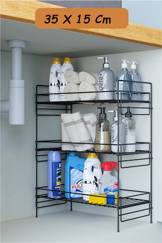 3 Katlı Evye Tezgah Altı Raf Banyo Mutfak Dolabı Çok Amaçlı Düzenleyici Deterjanlık Organizer 35x15 Siyah