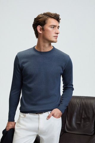Grimelange VAREX Erkek Yuvarlak Yaka Basic Slim Fit Triko Mavi Kazak