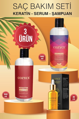 Cozyce Keratin 500 ML + Saç Serumu 30 ML + Tuzsuz Şampuan 500 ML