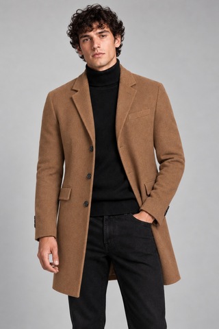 Maison Rae Erkek Vizon, Slim Fit Kaşe Kaban Klasik Yaka 3 Düğmeli Uzun Kesim Kışlık Palto