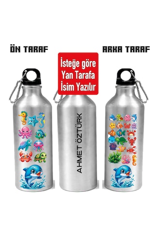 Çocuklar İçin Plaj Deniz Figür Baskılı Kancalı Gümüş Metal Suluk-600ml