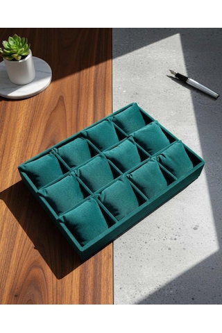 12 Bölmeli Ahşap Üzeri Baby Face Kumaş Saat Ve Takı Standı - Organizeri Ebat 35x24x5 Cm Zümrüt Yeşili